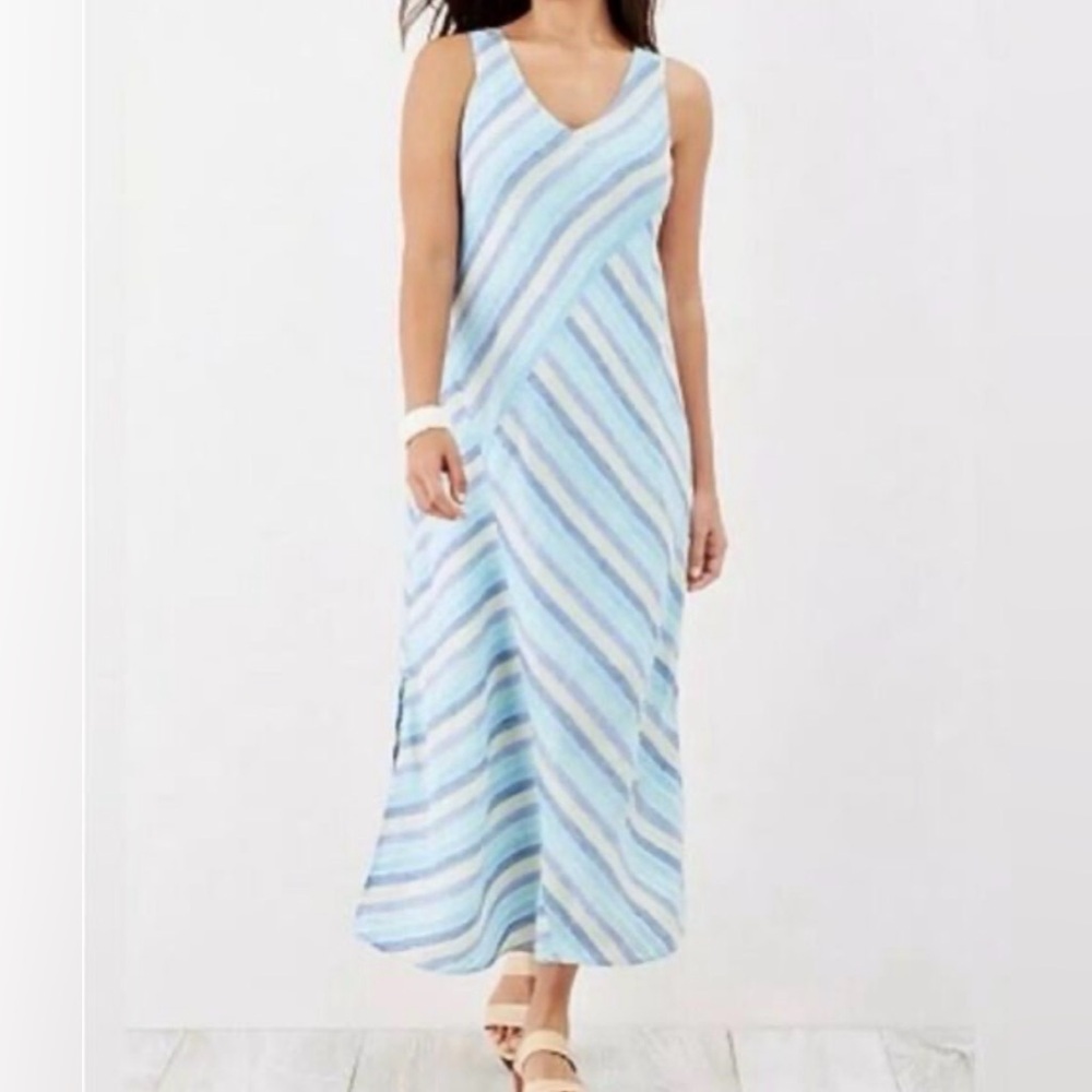 J Jill Love Linen Lotus Maxi Dress size XL Striped Blue Green Lined - Picture 3 of 16